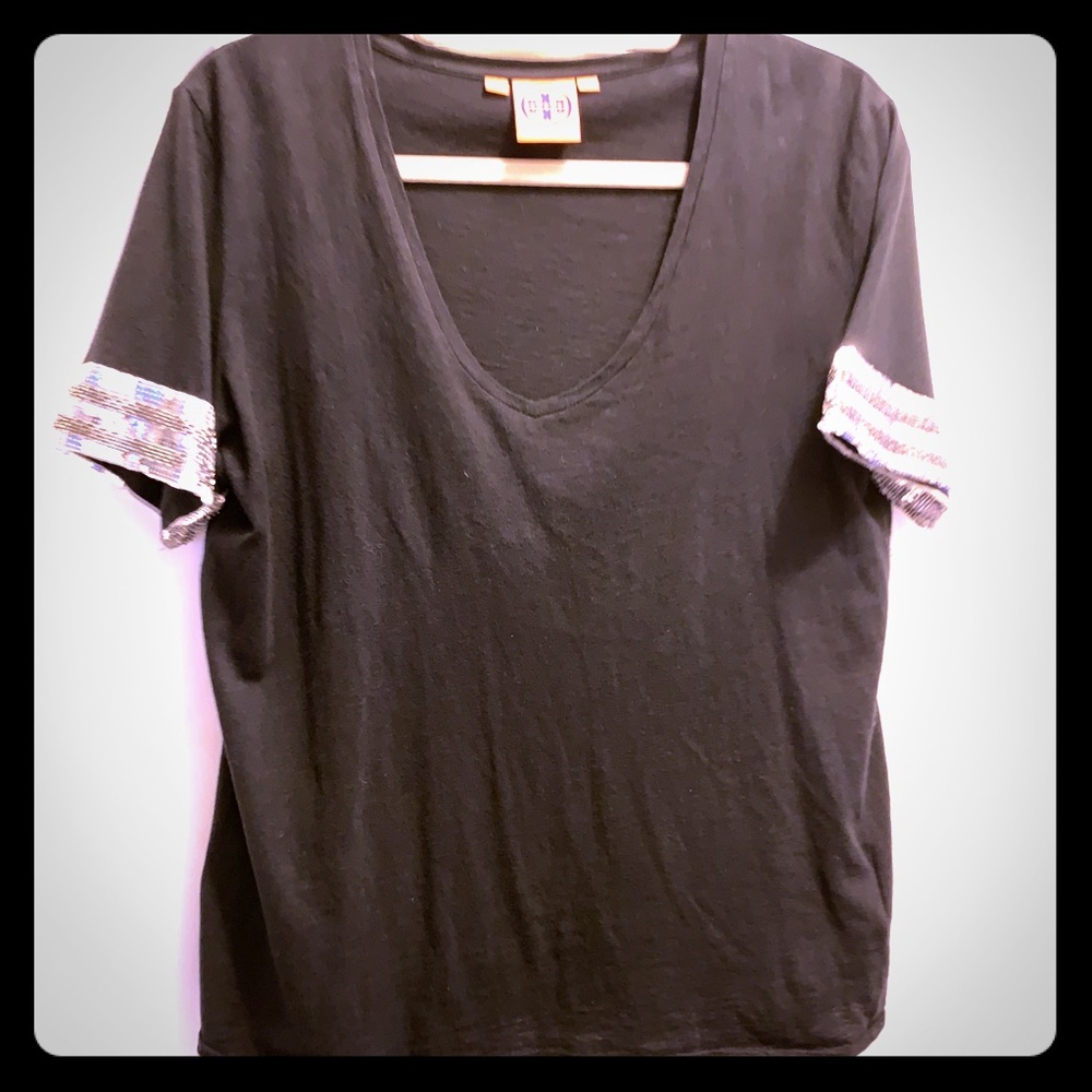 Tory Burch Black Tee with Silver Sequin Sleeves-L